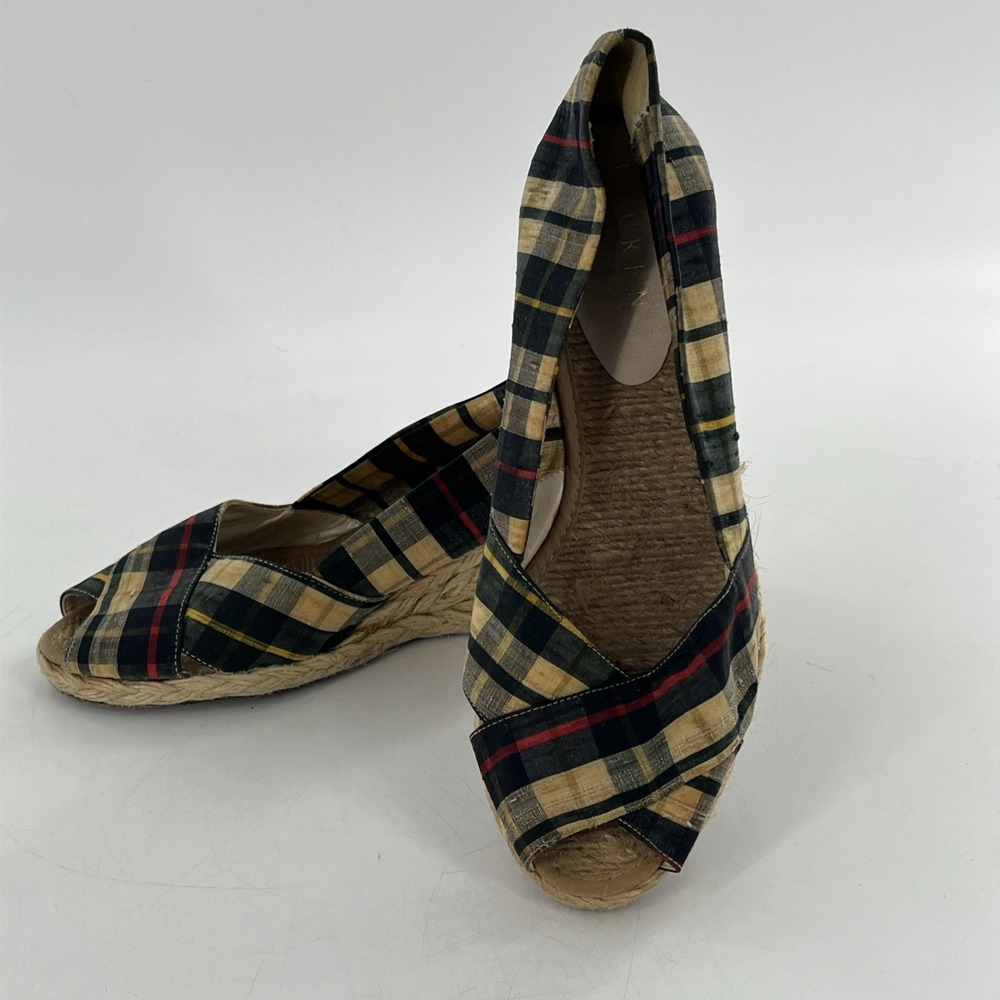 Ralph Lauren Womens Shoe Espadrille Wedge Plaid Peep Toe Shantung Silk Cecilia 6